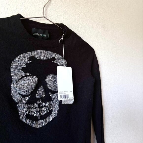 Zadig & Voltaire New With Tags Black Cashmere Sweater Rhinestone Skull - Picture 2 of 7